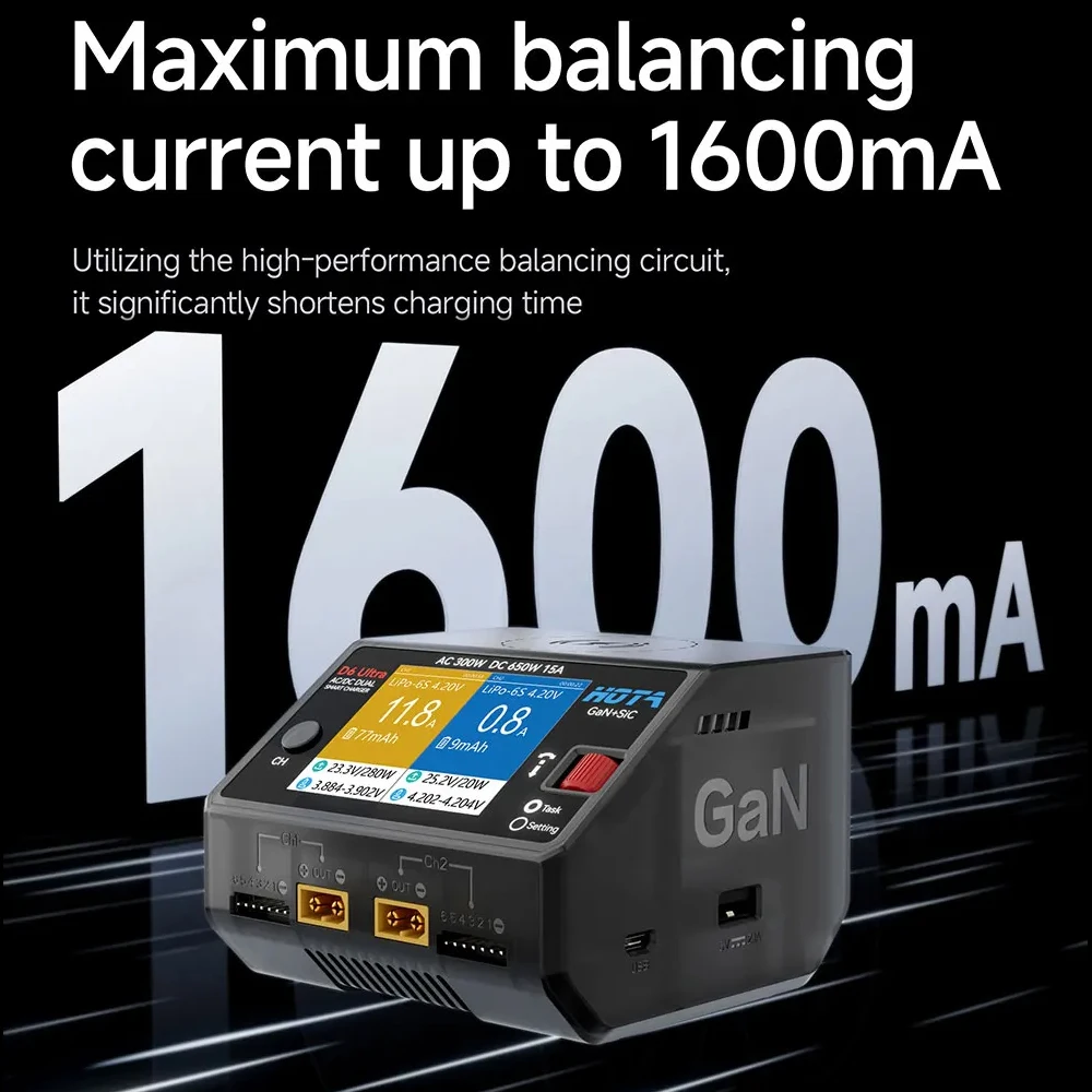 HOTA D6 Ultra Dual-Channel Charger AC 300W/DC 650W (GaN+SiC) for 1-6S LiPo/LiHV/NiZn/NiCd/NiMH (XT60) FPV thumbnail 5