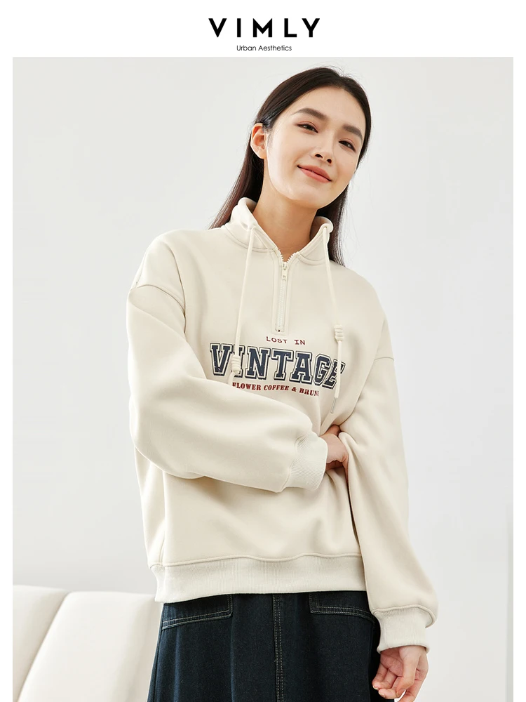 Vimly Oversize Fleece Sweatshirt Women 2023 Winter Stand Collar Half Zipper Casual Letter Printed Pullover Long Sleeve Top M5751