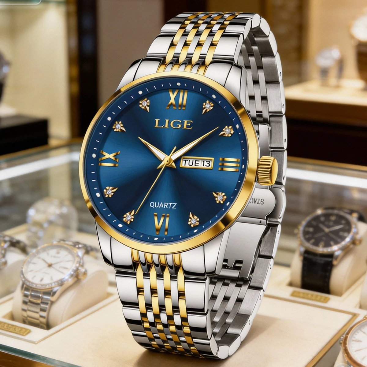 LIGE Men Watch Water Diamond Luxury Night Glow Double Calendar Quartz Movement Blue Gold Stainless Steel Fashion Business Watch