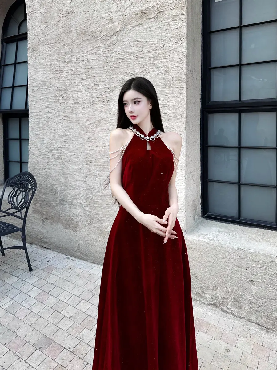 

Красное вечернее платье для помолвки и свадьбы, новое, в китайском стиле, с завышенной талией, А-силуэт, длинное, элегантное