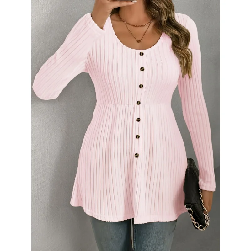 

New European and American Style Plus-Size Women's Solid Color Long-Sleeve Crew Neck Top with Button