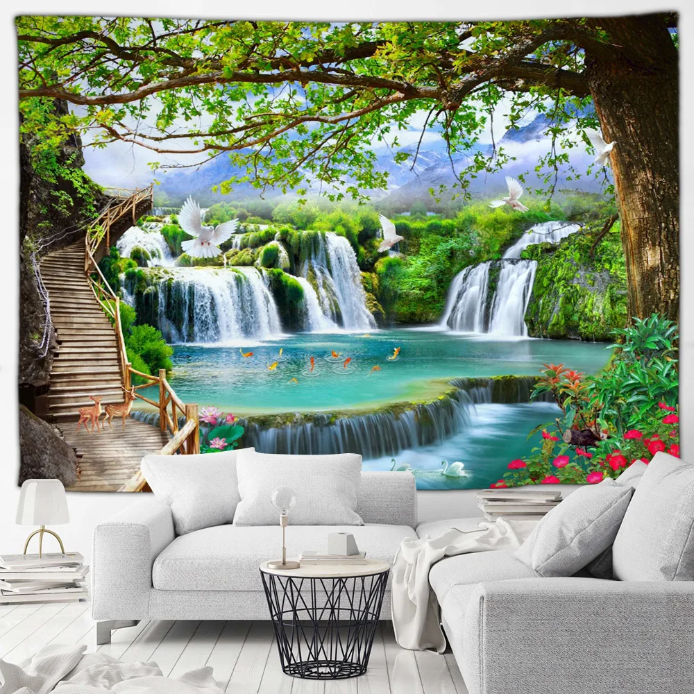 Tropical Waterfall Landscape Tapestry Zen Green Bamboo Ocean Beach Palm Trees Island Scenery Garden Wall Hanging Home Room Decor