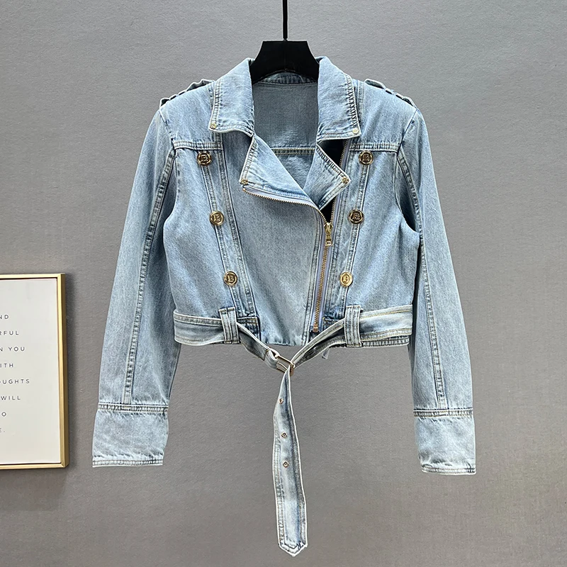 

Женская джинсовая куртка Slim Fit с молнией, весенняя модная повседневная куртка из хлопка однотонного цвета с воротником