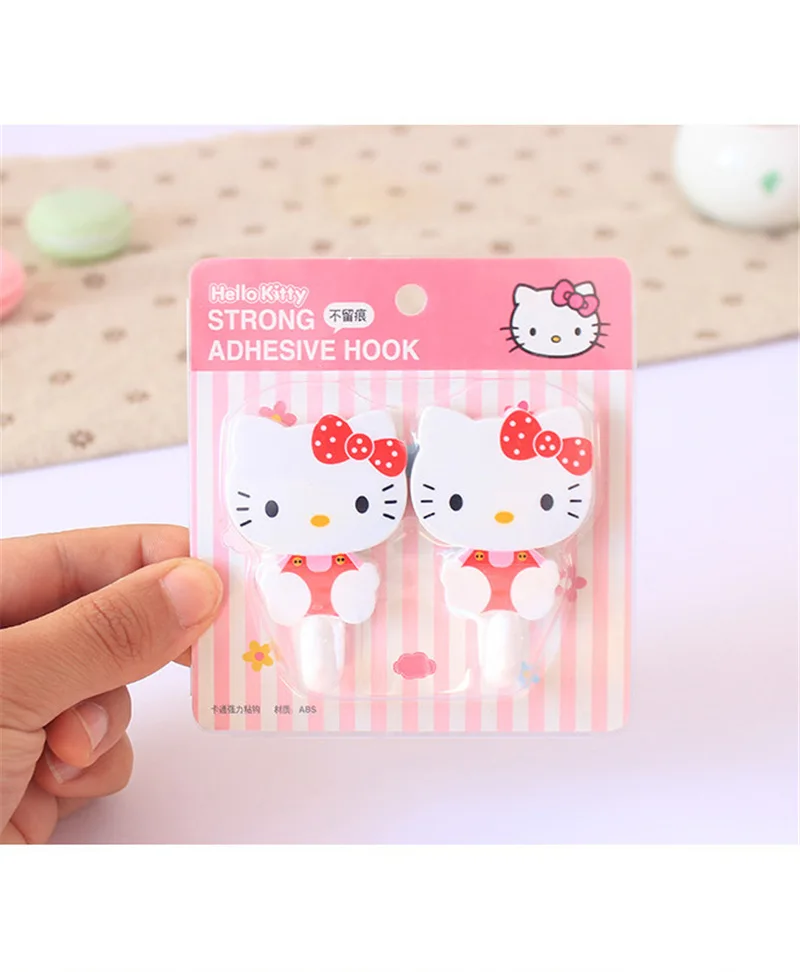 2Pcs Hello Kitty Sanrio Strong Self Adhesive Hooks Key Storage Hanger for Kitchen Bathroom Door Wall Multi-Function Decoration