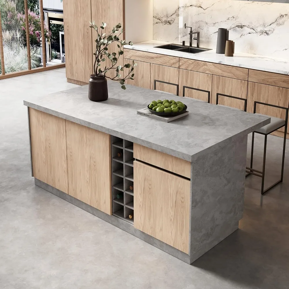 

72'' Kitchen Island, with Storage Japandi Style Wood Kitchens Islands with Seating, Kitchen Cabinets