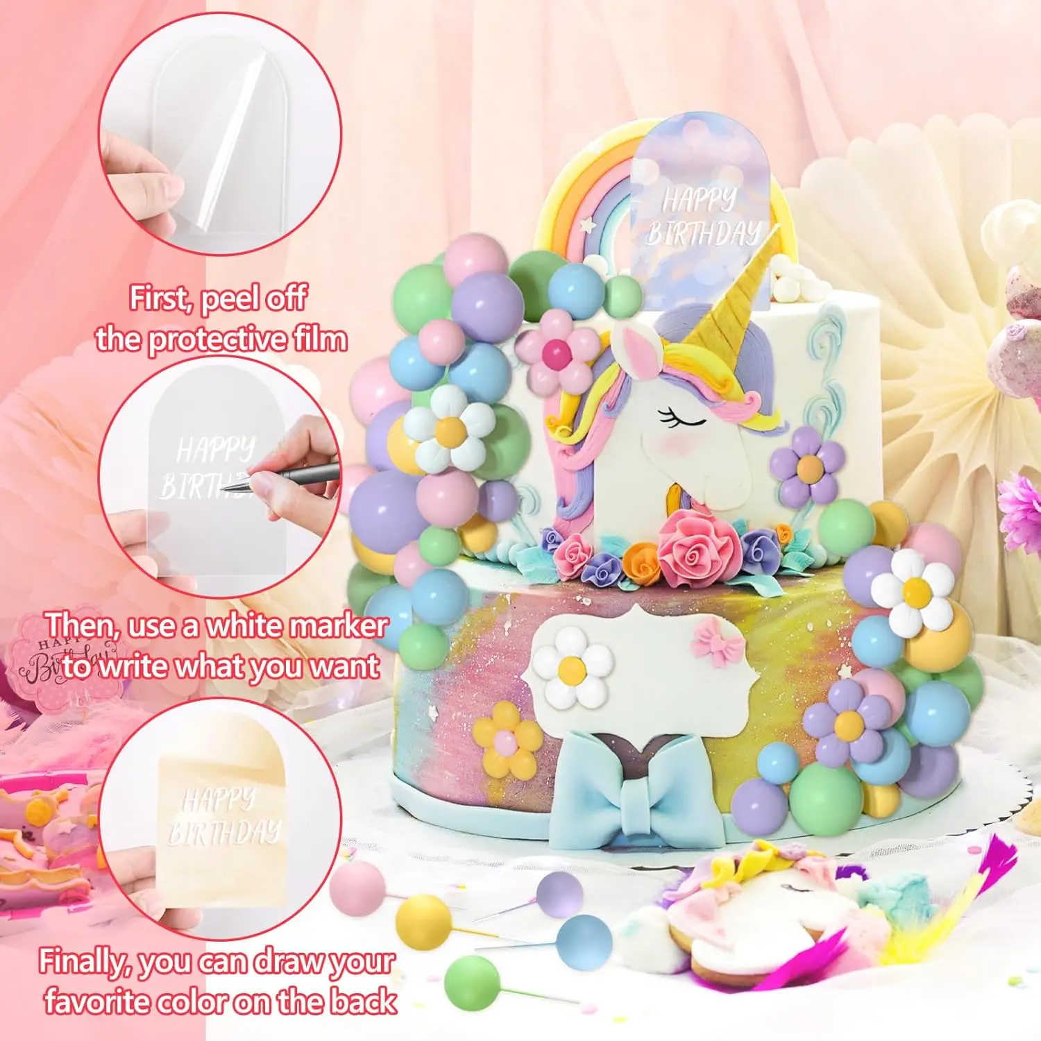 61 Pcs Boho Cake Topper Balls Decorations Daisy Flower Acrylic Cake Topper for Birthday Party Wedding Rainbow Baby Shower view 3