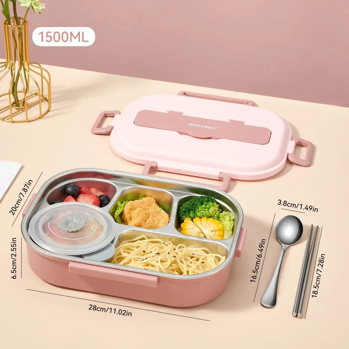 4/5 vakken, draagbare lunchbox van 304 roestvrij staal, geschikt voor kinderen en studenten, met een grote inhoud, inclusief bestek en kom, en kan worden verwarmd.