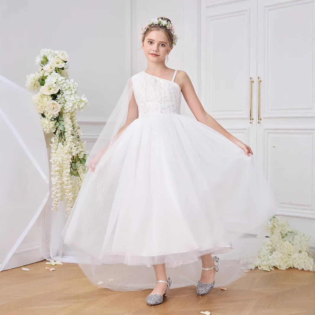 White Dress For Girls Elegant Bridesmaid Flower Girl Dress Baptismal Ceremonial Wedding Dress Children First Communion Costumes