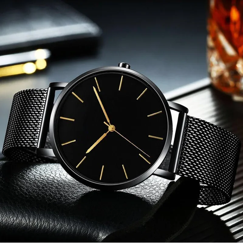 Fashion Mens Watches Ultra Thin Quartz Watch Men Casual Slim Mesh Steel Waterproof Sport Watch Black Relogio Masculino