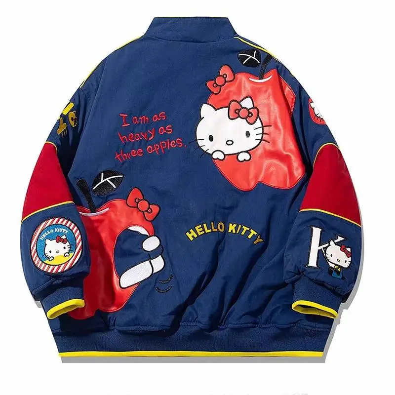 

Y2K Miniso Cartoon Hello Kitty Baseball Jacket Button American Retro Coat Embroidery Kt Cat Harajuku Jacket Women Oversized Coat