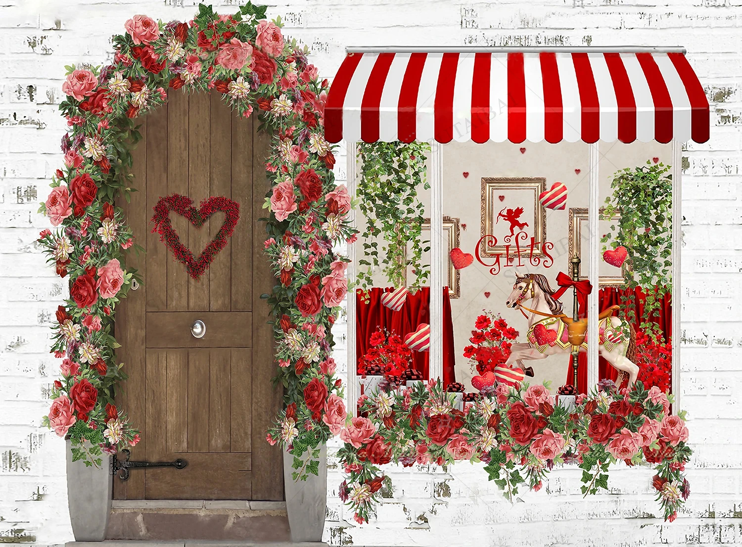 Valentines Day Wooden Door Gifts Photography Backdrop Flowers Red Heart Room Decor Photographic Background for Photo Studio Prop