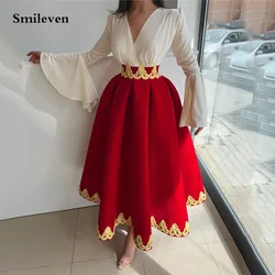 Smileven Red V Neck Saudi Arabia A Line Evening Dresses Flare Sleeve Prom Gowns Robe De Mariee Ankle Length Prom Party Dress