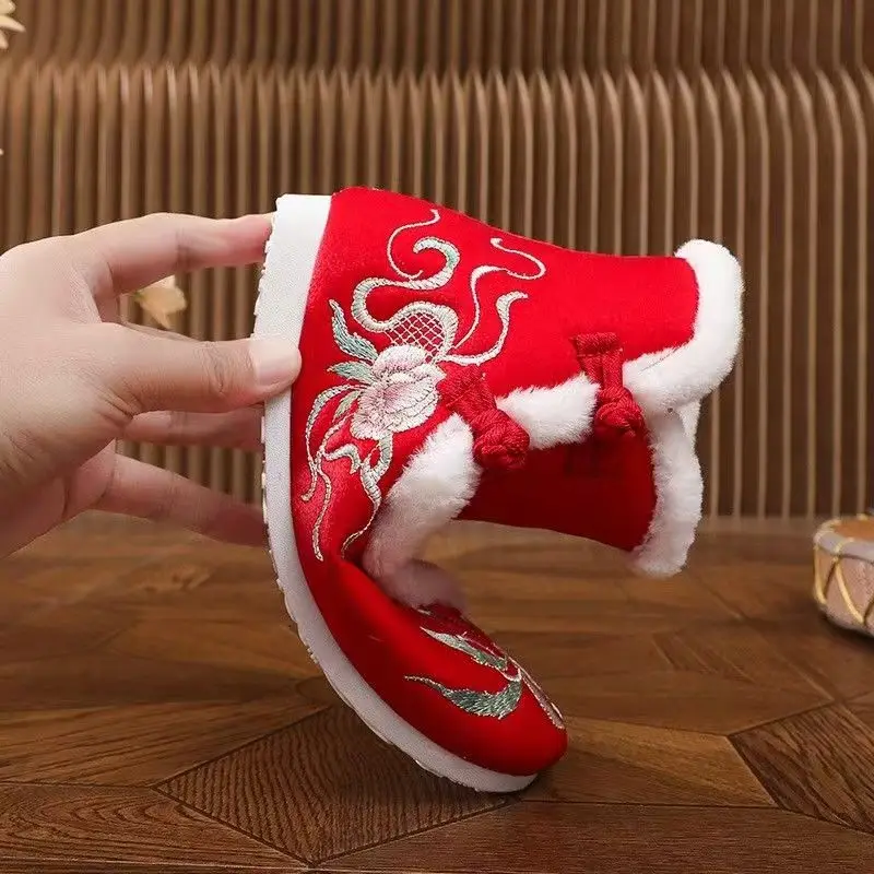 Hiver nouvelles femmes semelle plate brodé cheville coton bottes semelle souple antidérapant Style ethnique en peluche garder au chaud sans lacet bottes de neige