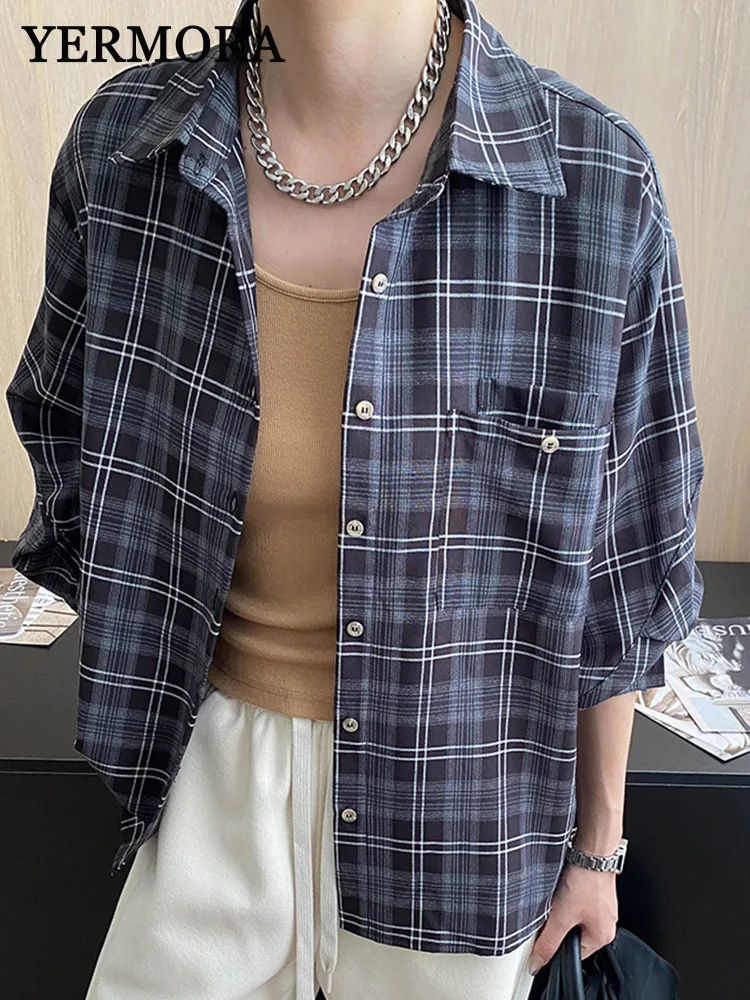 

YERMORA Черная клетчатая блузка большого размера с карманами для женщин, свободная рубашка с длинными рукавами и лацканами, новая модная рубашка Tide, весна-осень 2025