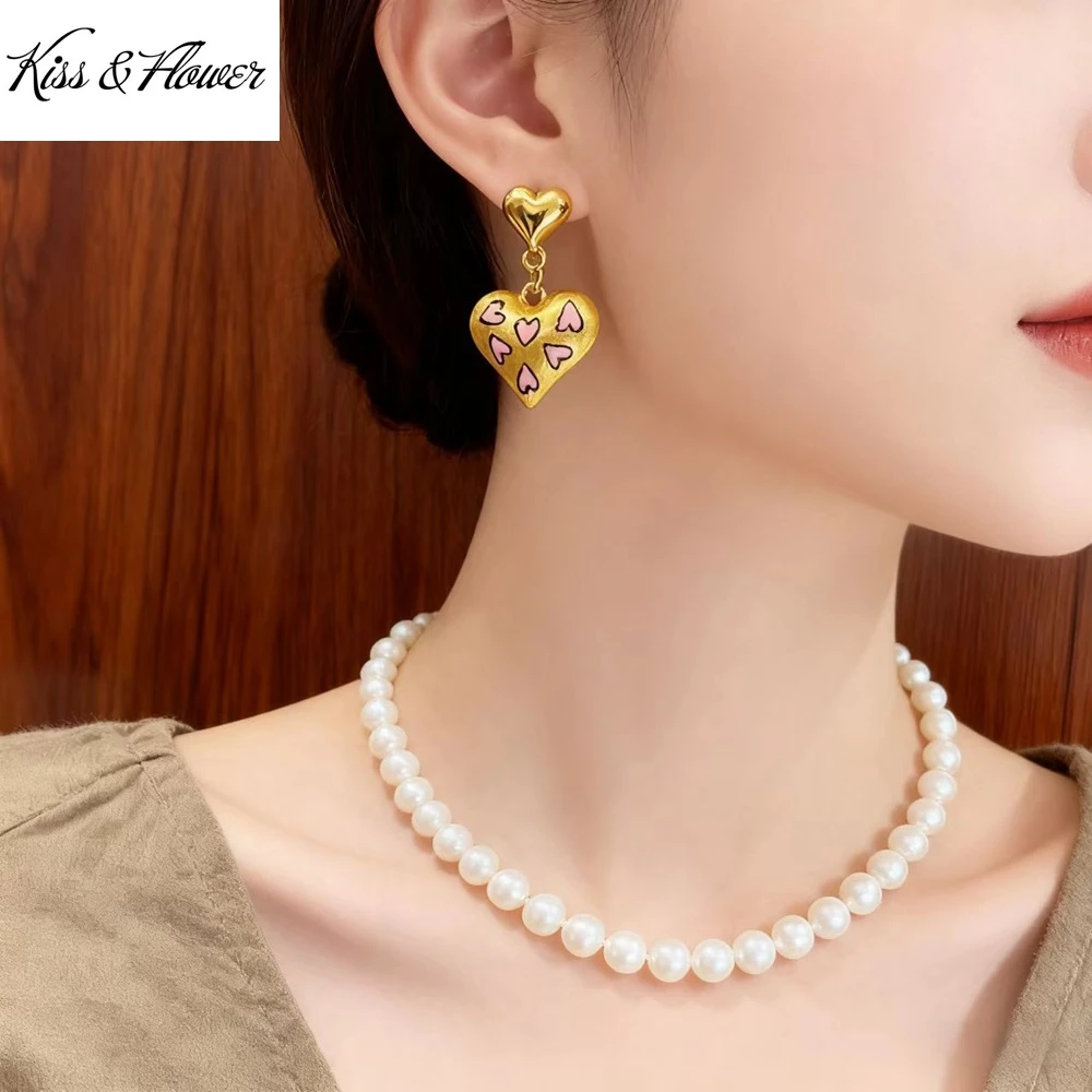 KISS&FLOWER 24KT Gold Heart Pink Leopard Print Autumn Winter Stud Earrings For Women Wedding Party Birthday Christmas Gift ER580