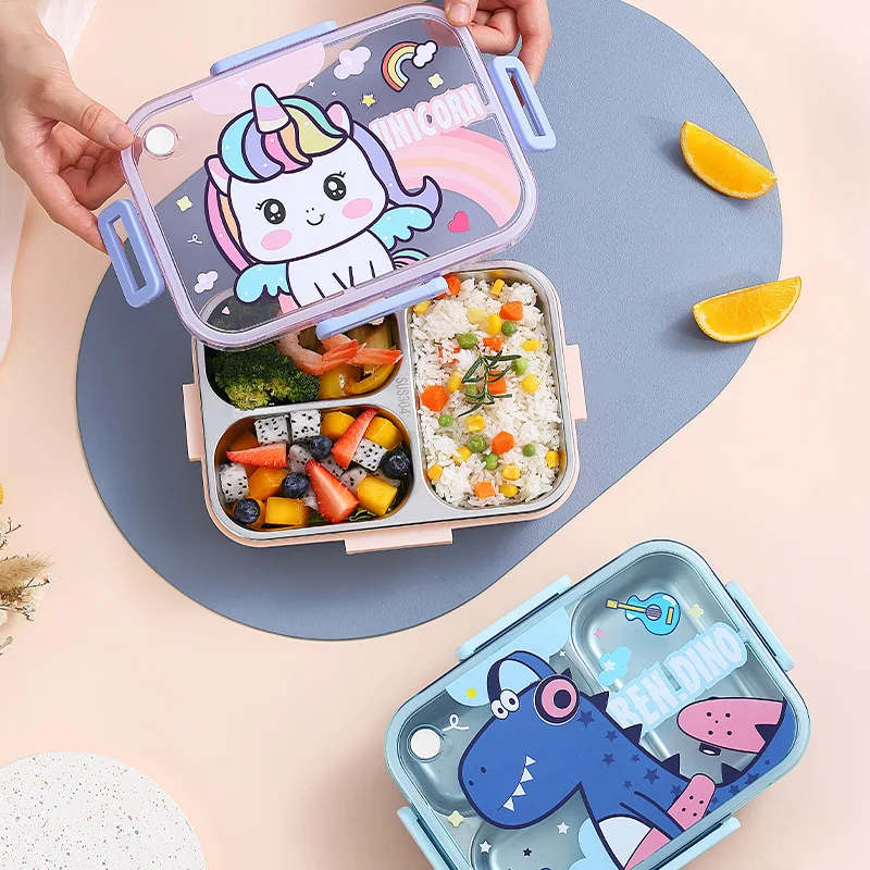 800ml Cartoon Stainless Steel 304 Lunch Box With Spoon Kids Leak-Proof Bento Box Student School Office Food Container