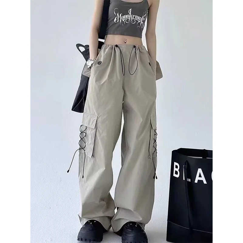 American Style High Street Summer Women Pants Solid Elastic Waist Drawstring Pocket Pleated Casual Loose Wide Leg Cargo Trousers