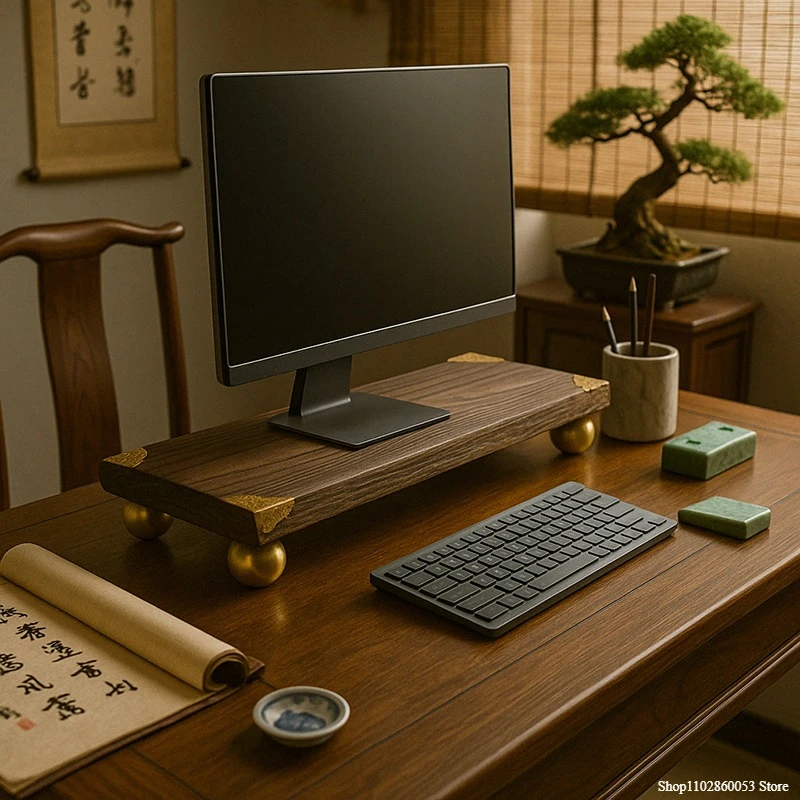 Vintage Solid Wood Computer Table with Gold/Silver Ball Legs and Inlay Corners Office Monitor Stand