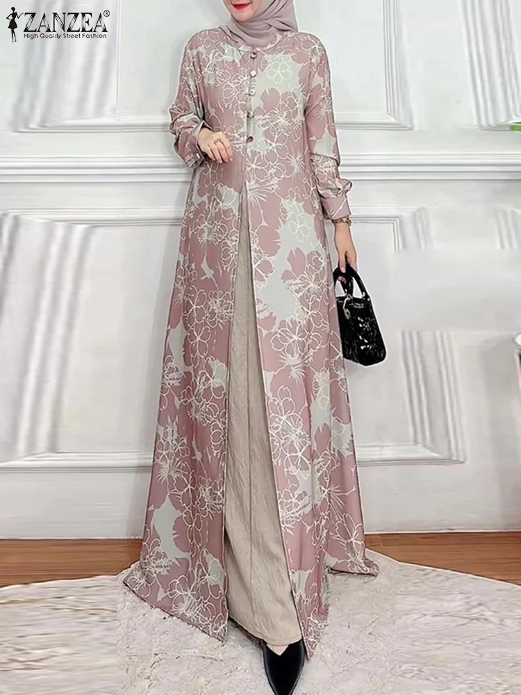 ZANZEA Women Bohemian Long Sleeve Patchwork Muslim Abaya Sundress Dubai Turkey Vestido Vintage Floral Printed Party Maxi Dress