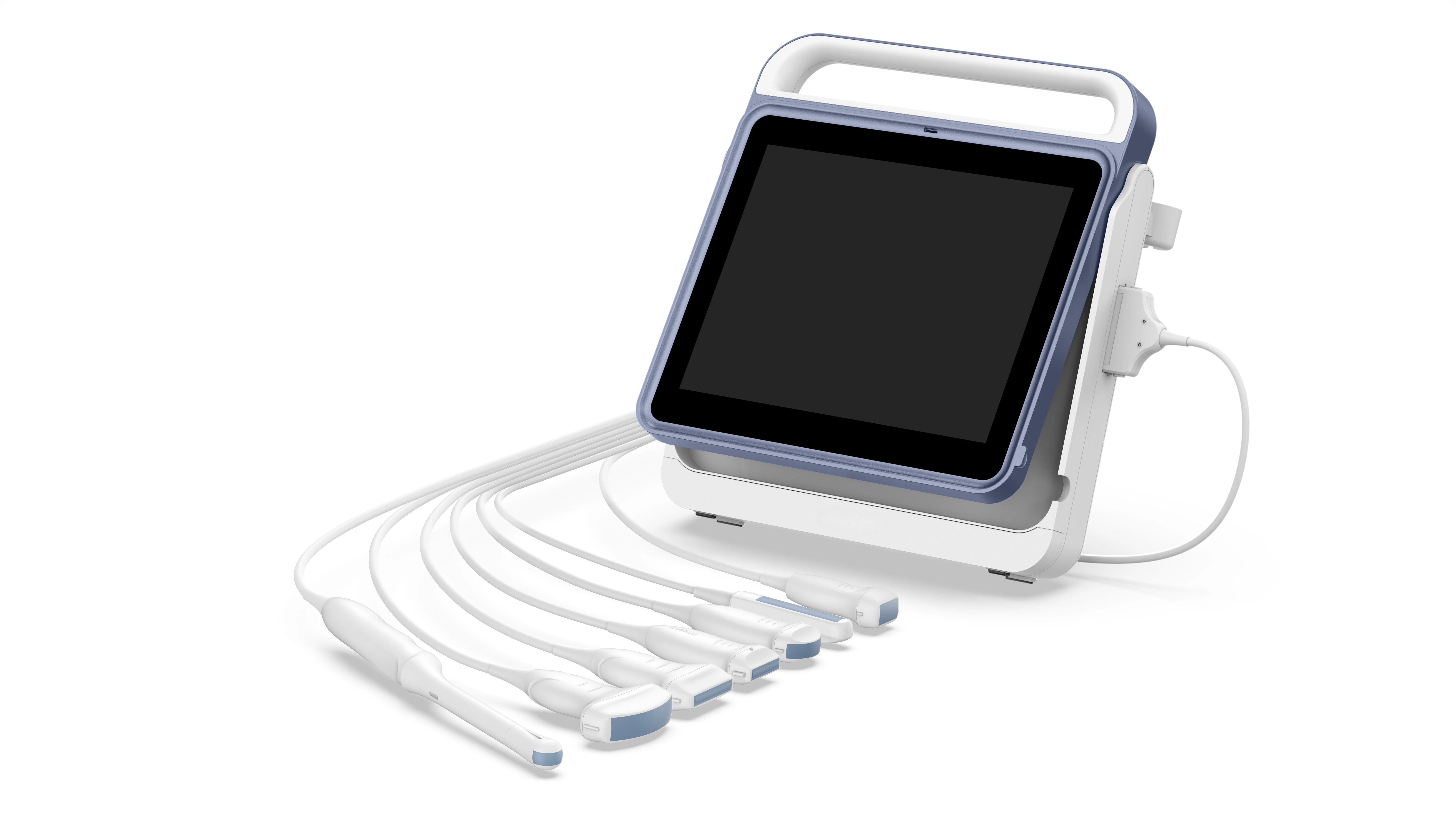 Black and white animal ultrasound machine with large touchscreen for professional animal testing
