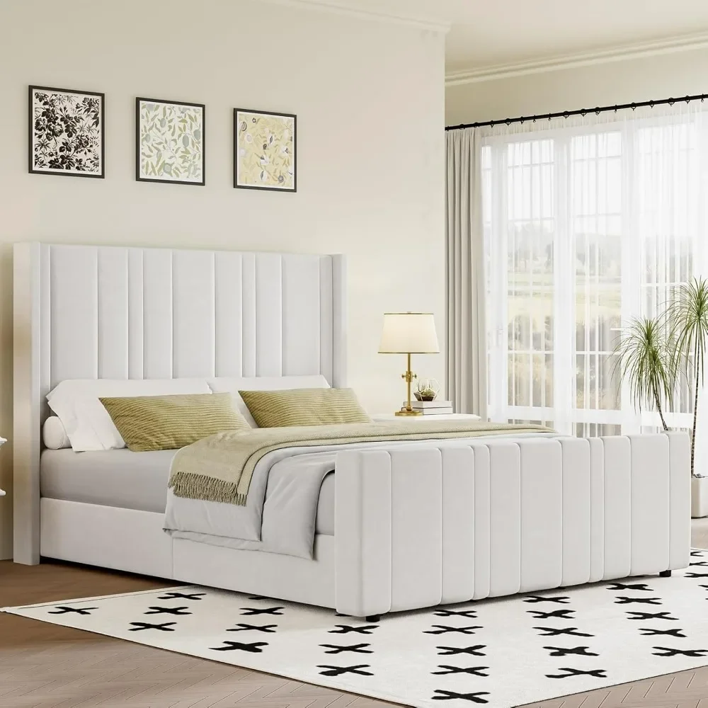 bedroom furniture Bed Frame, with Vertical Channel Tufted Wingback Headboard & Tall Footboard, Soft Velvet Upholstered Bed Frame