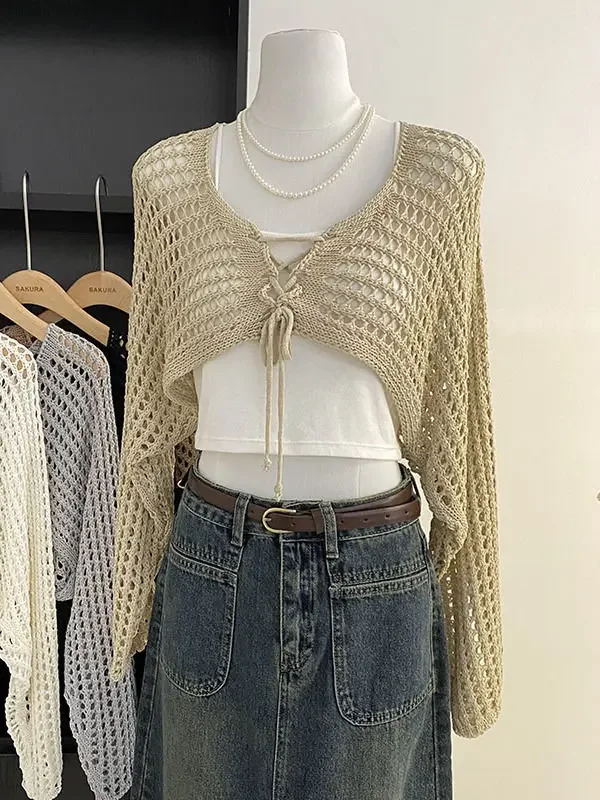 Gaya Pendek Berongga dengan Kamisol Sweter Rajutan untuk Wanita Musim Panas Baru Longgar Lengan Panjang Menutupi Atasan Pelindung Matahari
