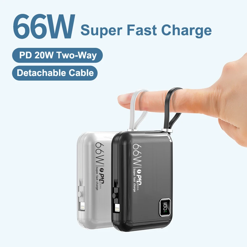 

Mini Power Bank with USB C Cable 66W Fast Charging Portable Charger Powerbank for iPhone Samsung Huawei Xiaomi External Battery