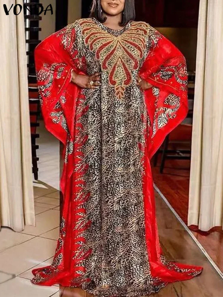 

Осеннее платье с принтом, женское богемное длинное платье макси с рукавами «летучая мышь», элегантный сарафан, винтажный халат, повседневное платье, большие размеры VONDA