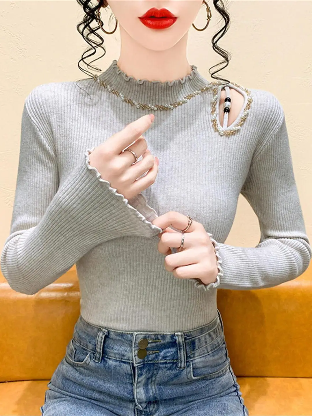 Bla-capa Base de punto irt para mujer, Otoño Invierno, cuentas huecas, embellecedoras, Top largo, ropa interior, diseño Faion