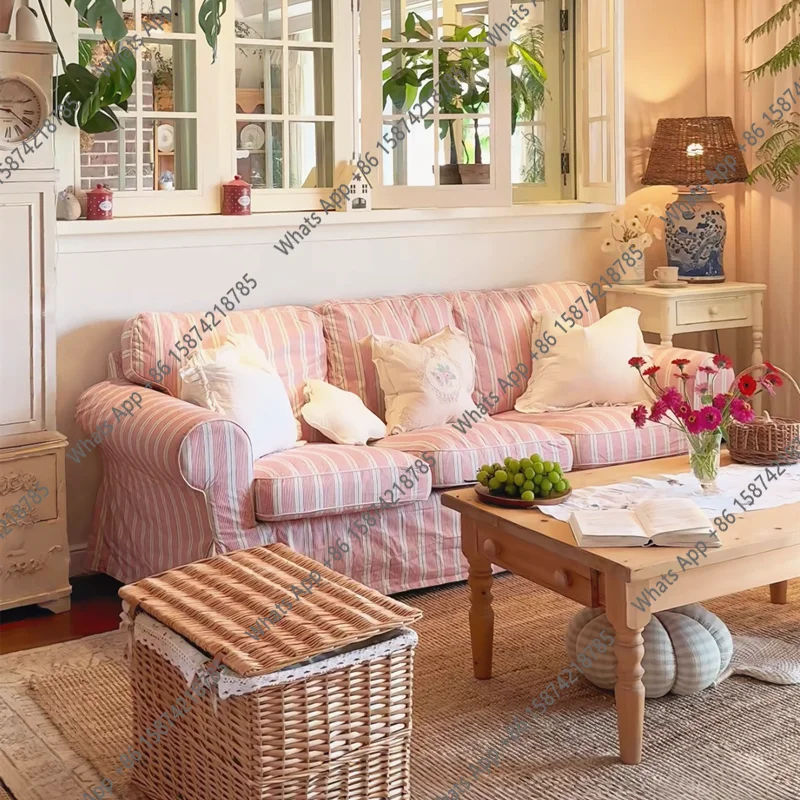 American retro French pastoral red striped removable and washable fabric small apartment living room bedroom triple double sofa