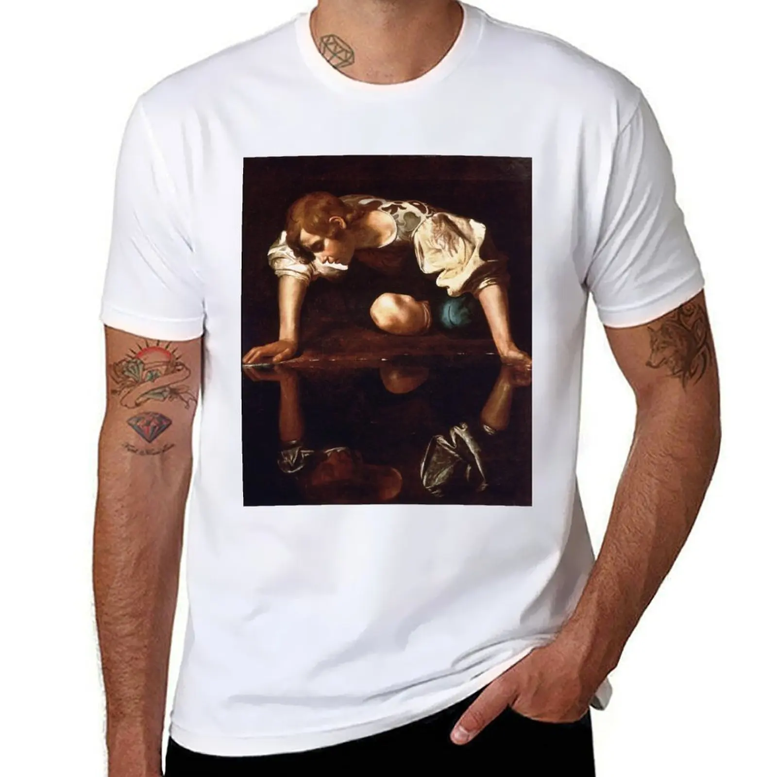 

Narcissus by Caravaggio (1599) T-Shirt t shirts with prints mens graphic t shirts T-Shirt