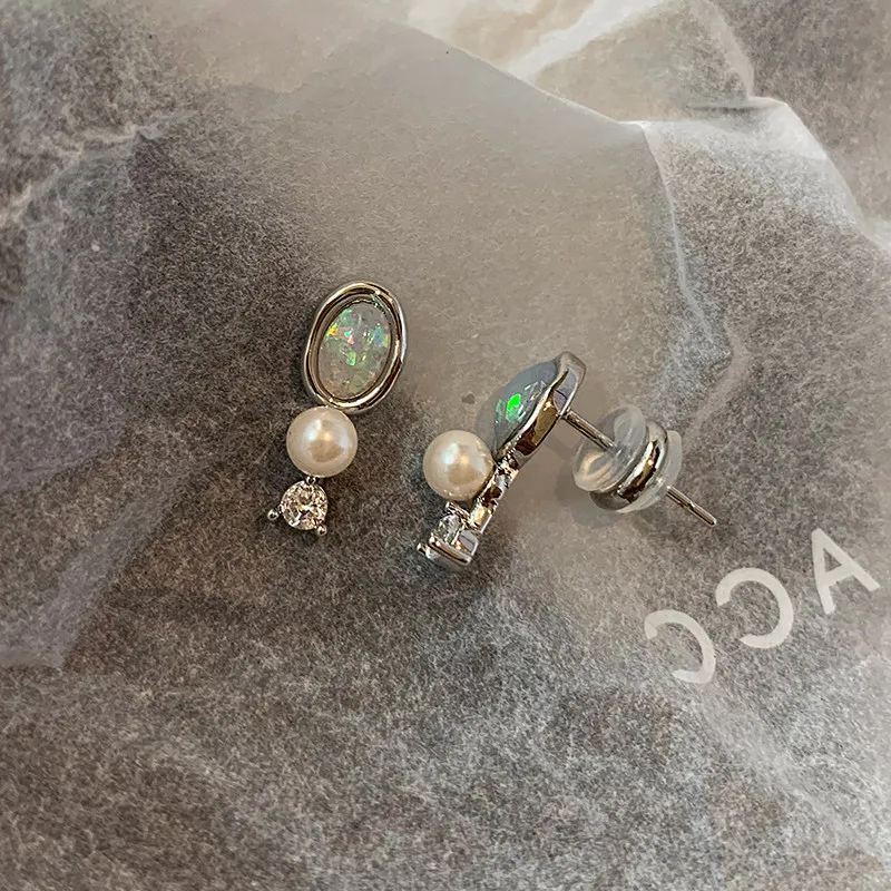 S925 Silver Post Aurora Crystal Pearl Opal Earrings 5A Cubic Zirconia Dangle Stud Iridescent Glass Pearl Opal Gemstone Jewelry