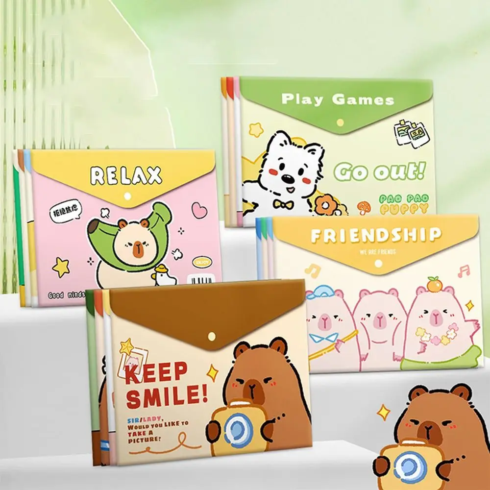 4pcs/set Waterproof Capybara A4 File Bag Moisture-proof Multifunction Archives Bag Press Button Durable Cartoon File Folder