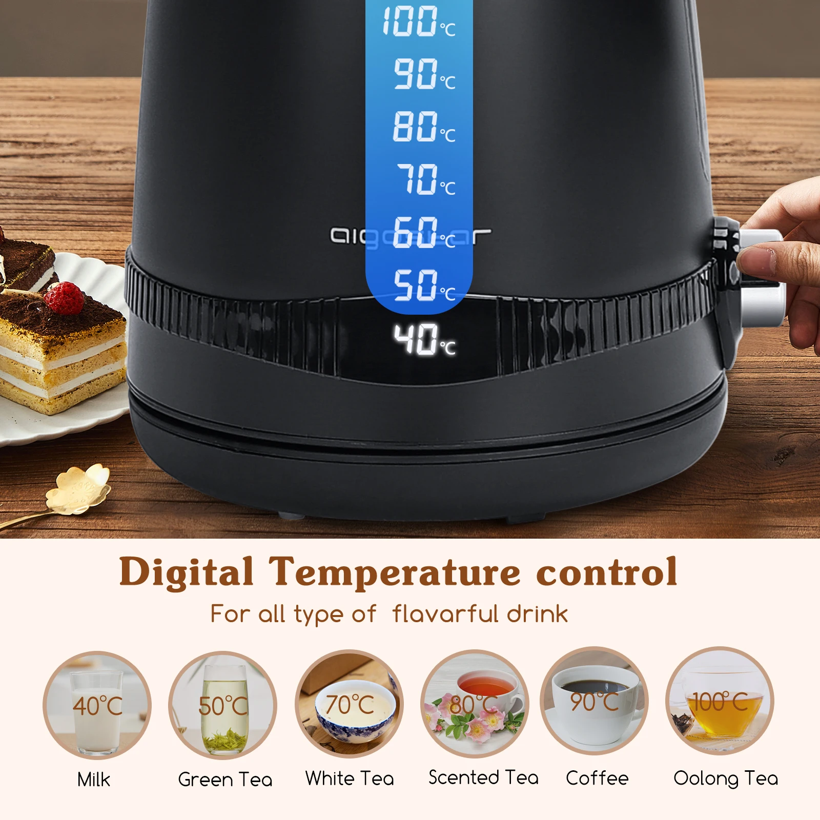 غلاية كهربائية ايجوستار 2200 وات 1.7 لتر من الفولاذ المقاوم للصدأ درجة حرارة قابلة للتعديل. أسود