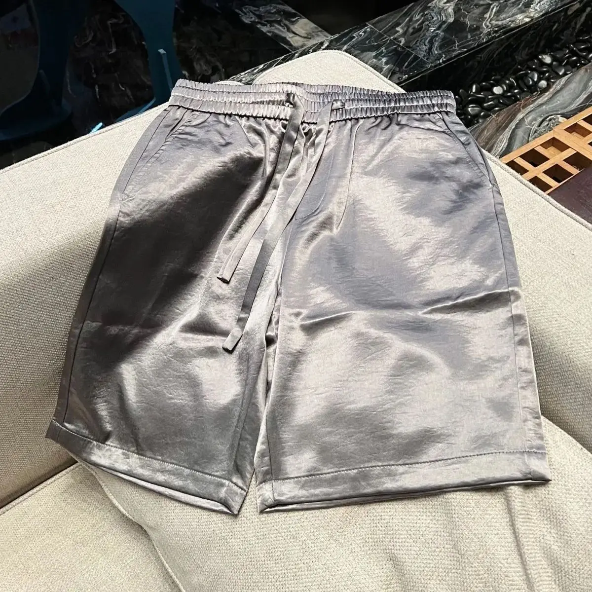 

Summer glossy gray pockets home shorts Plus size casual loose sleeping bottoms Sports beach shorts