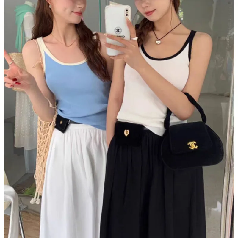 Women Trim Ribbed Tank Top U-Neck Sleeveless Slim Fit Cami Casual Basic Solid Striped Crop Top for Summer Daily Beach Streetwear