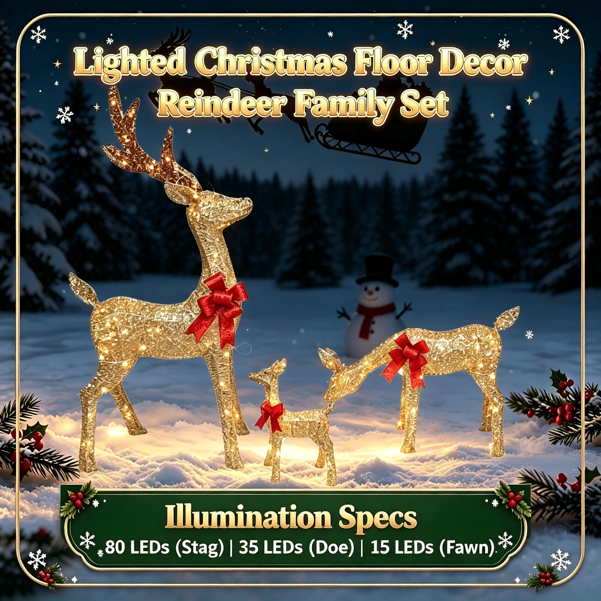 3-Piece Pre-Lit Reindeer Family Christmas Decoration Set, Large Durable Metal Frame with 130 Sparkding LED Lights, Holiday Season Decorations for Christmas Winter Parties, Lawn Garden Patio and Yard Festive Displays, Lighted Holiday Displays