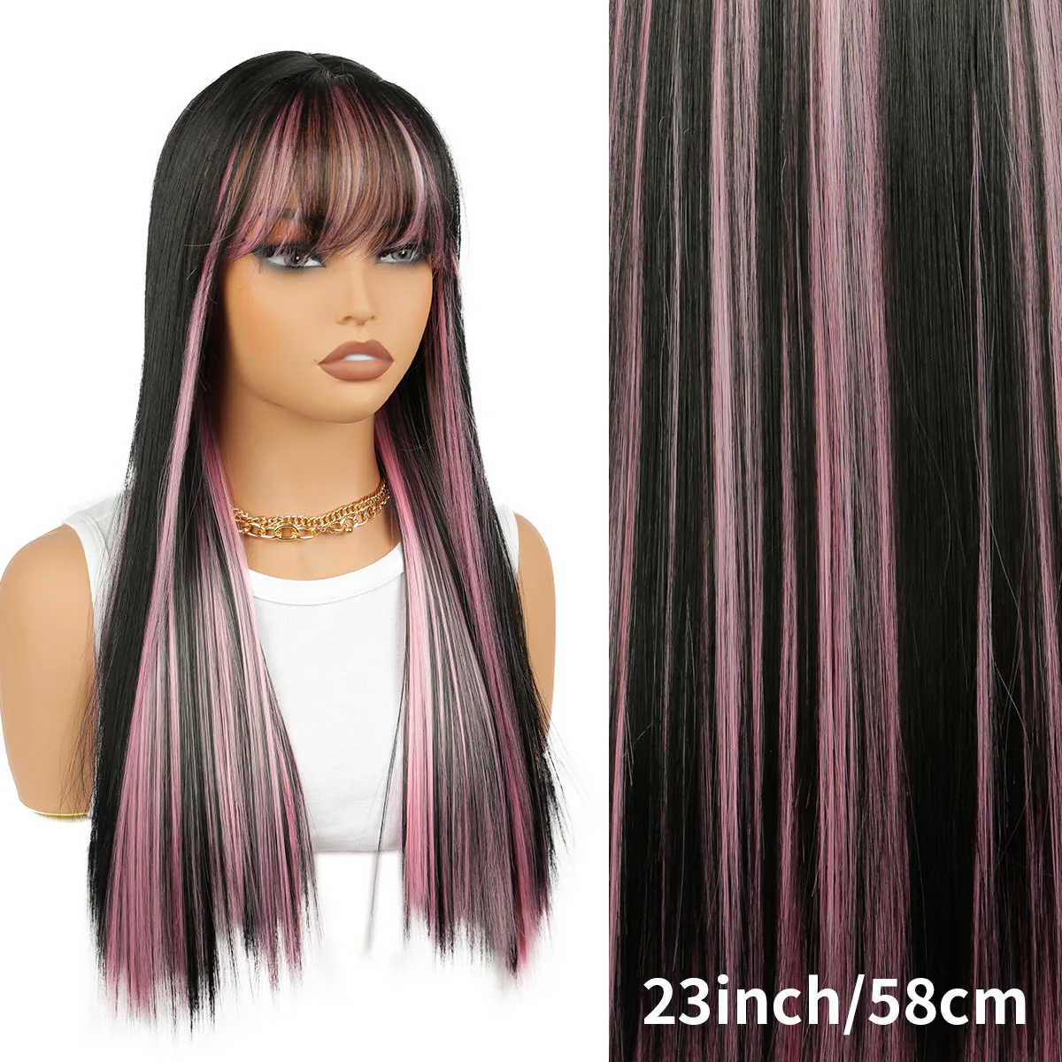 Qi poni intercolor rambut lurus panjang wig wanita serat kimia penutup kepala penuh hitam merah muda highlight warna fashion