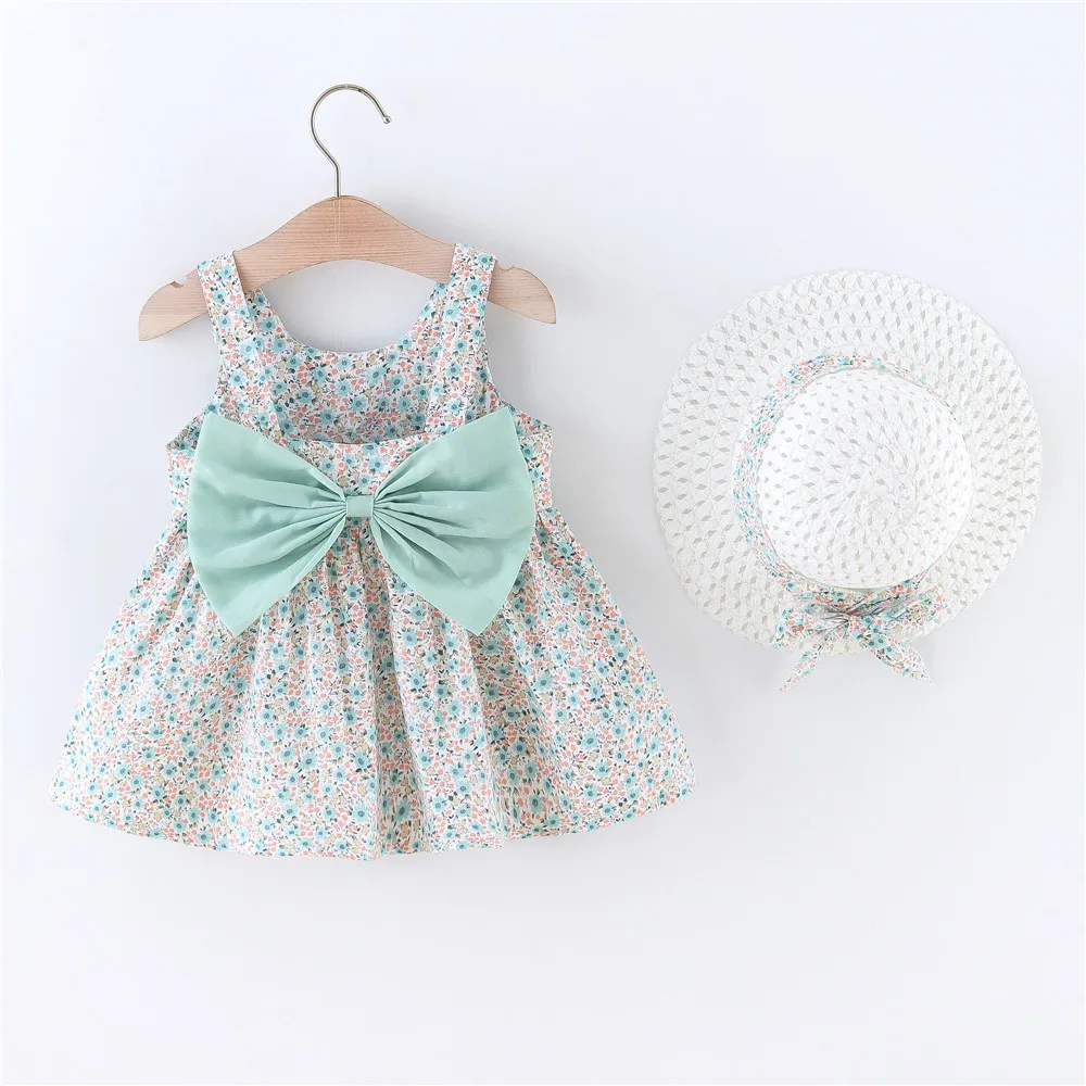 Summer New Girl Baby Dress with Hat and Hanging Strap Sleeveless Sweet Princess Dress Birthday Party Dress