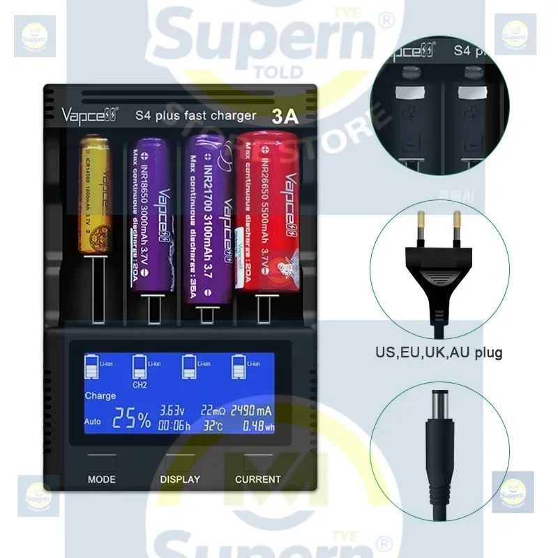 

super fast charger universal Vapcell S4 PLUS charger 4 slots pk 18650 charger