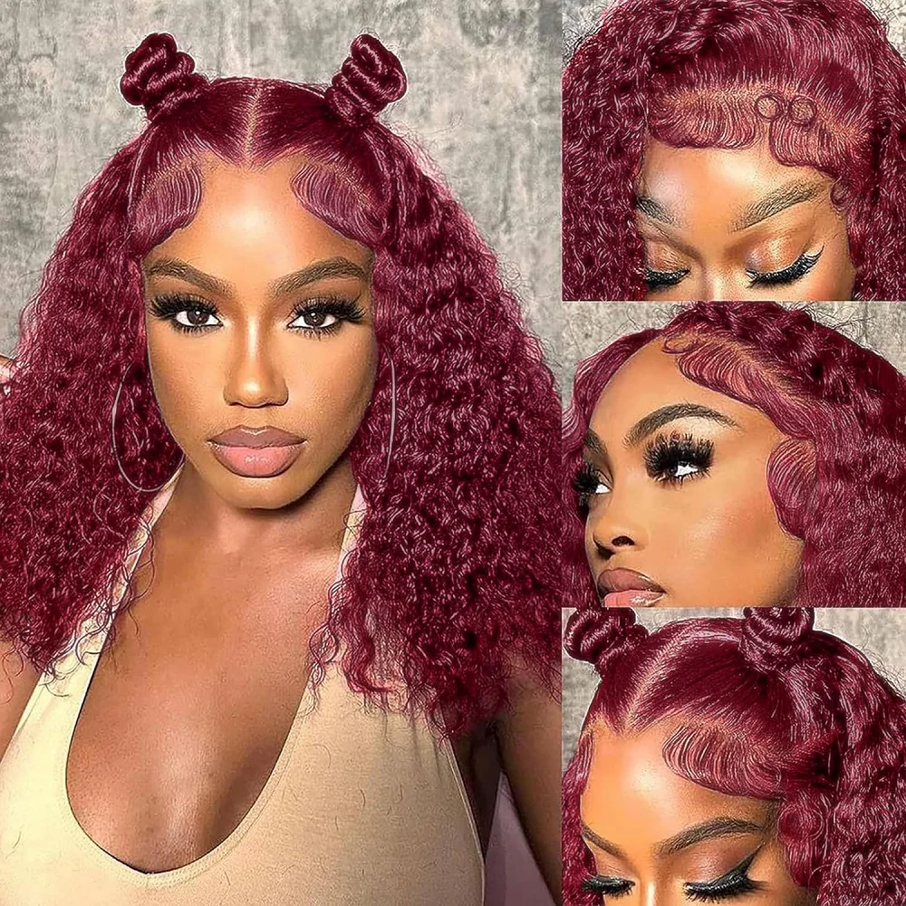 

99J Burgundy Short Water Wave Bob Wigs 13x4 Lace Frontal Wigs For Women Brazilian Remy Curly Lace Front Wig Pre Plucked Winshair