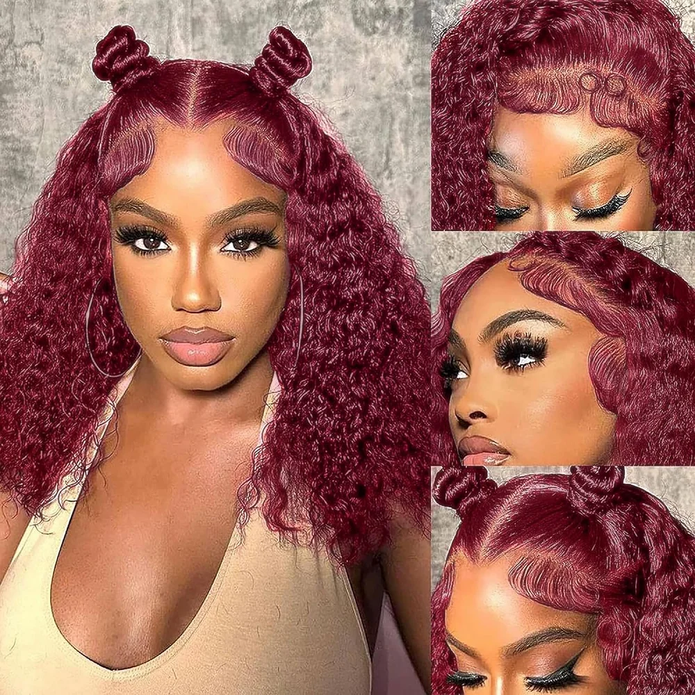 

99J Burgundy Colored Short Water Wave Bob Wigs 13x4 Lace Frontal Wigs For Women Brazilian Remy Curly Lace Front Wig Pre Plucked