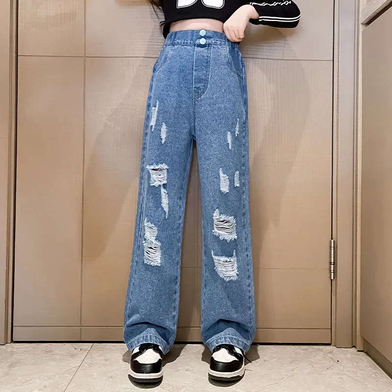 

Girls Jeans Broken Hole Jeans for Kids 2025 Spring Autumn Children's Wide Leg Pants Teenager Casual Trousers School Denim Pants