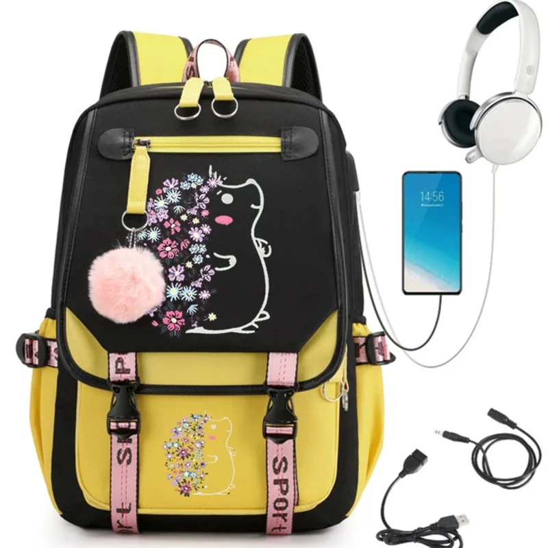 Grande Anime Hedgehog Schoolbag para meninas, Cartoon USB Bagpack para estudante do ensino médio, mochila floral