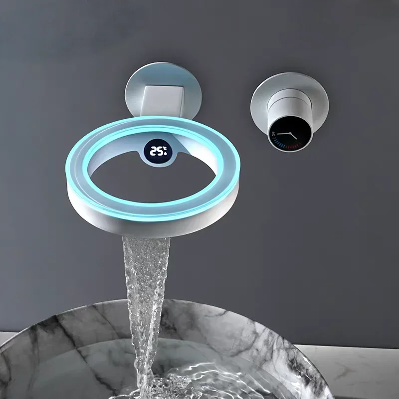 Luxury  Black Digital Bathroom Faucet Waterfall Concealed Brass Sink Bathroom  Faucets Mixers Taps