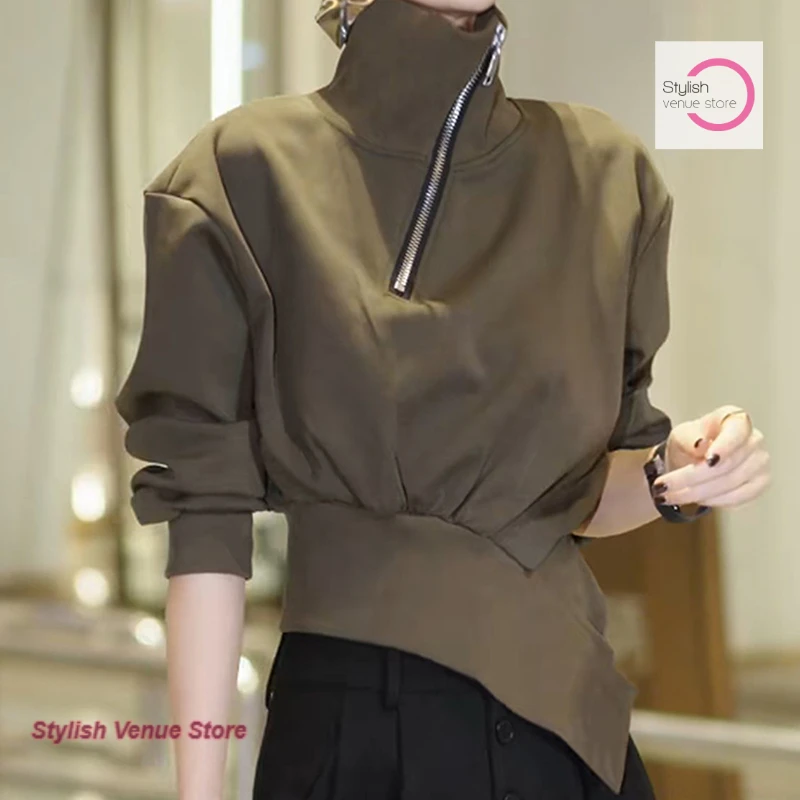 

French fashion temperament high-necked semi-zipper irregular casual sweater women's autumn and winter casual unique coat tide