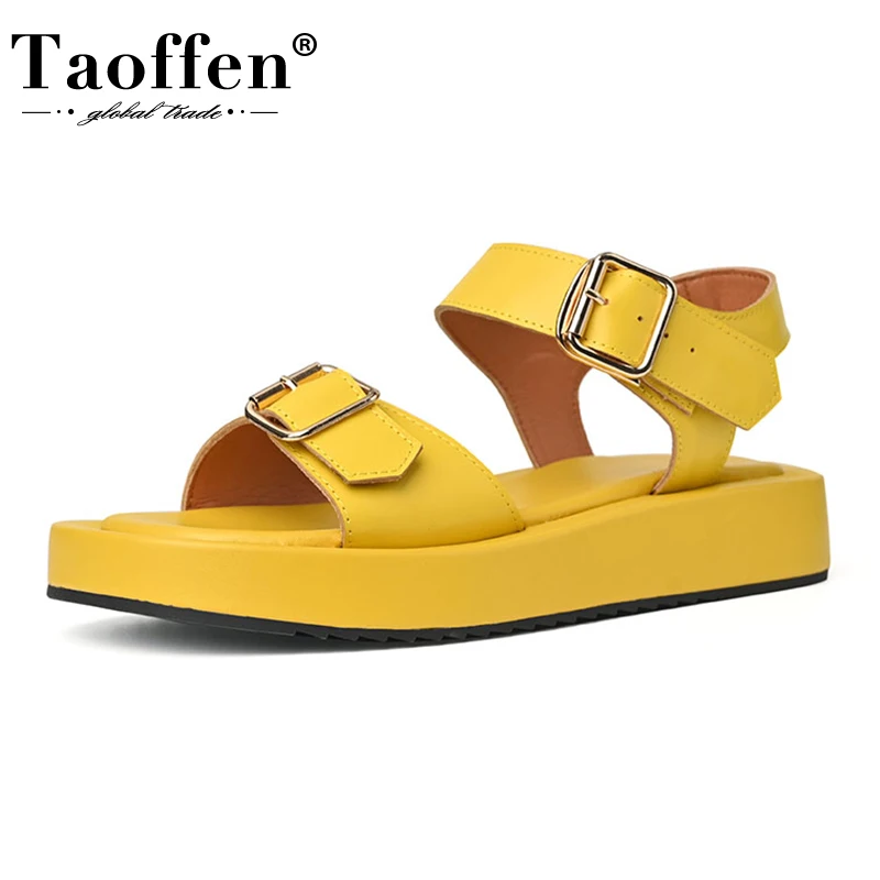 

Taoffen Women Platform Sandals Genuine Leather Thick Sole Soft Roman Metal Buckle Summer Beach Shoe Holiday Lady Flats Gladiator