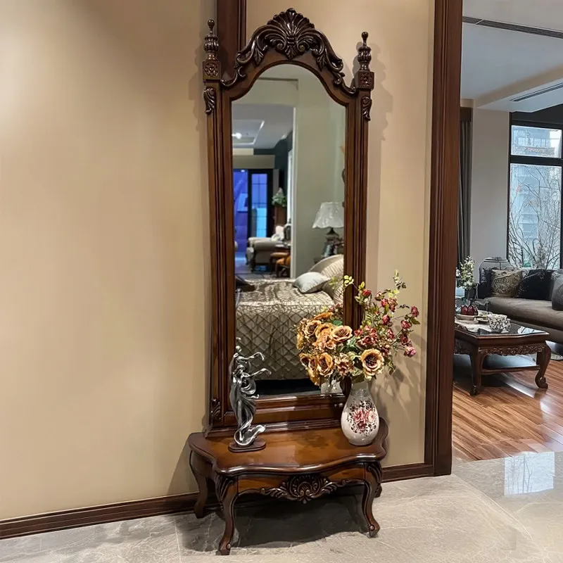 Solid wood full-length mirror European princess cloakroom carved fitting mirror household three-dimensional full-body