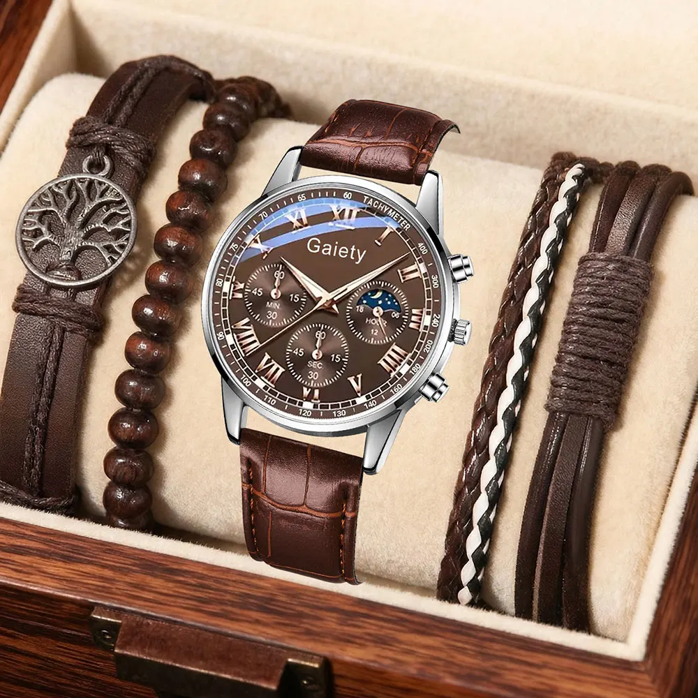 

Набор из 5 мужских кварцевых наручных часов с ремешком из искусственной кожи, минималистичные, роскошные, винтажные, элегантные, в стиле Y2K, для отпуска, праздников, в качестве подарка