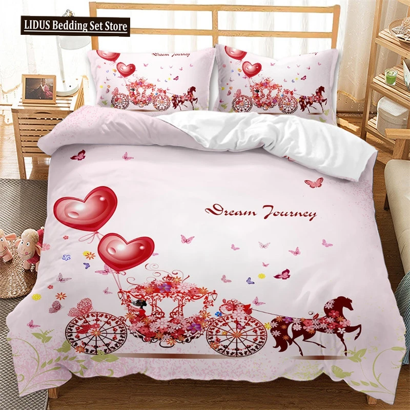 

Romantic Duvet Cover Set Carriage Comforter Cover British Style Love Heart Cartoon Polyester Bedding Set King Queen Full Size